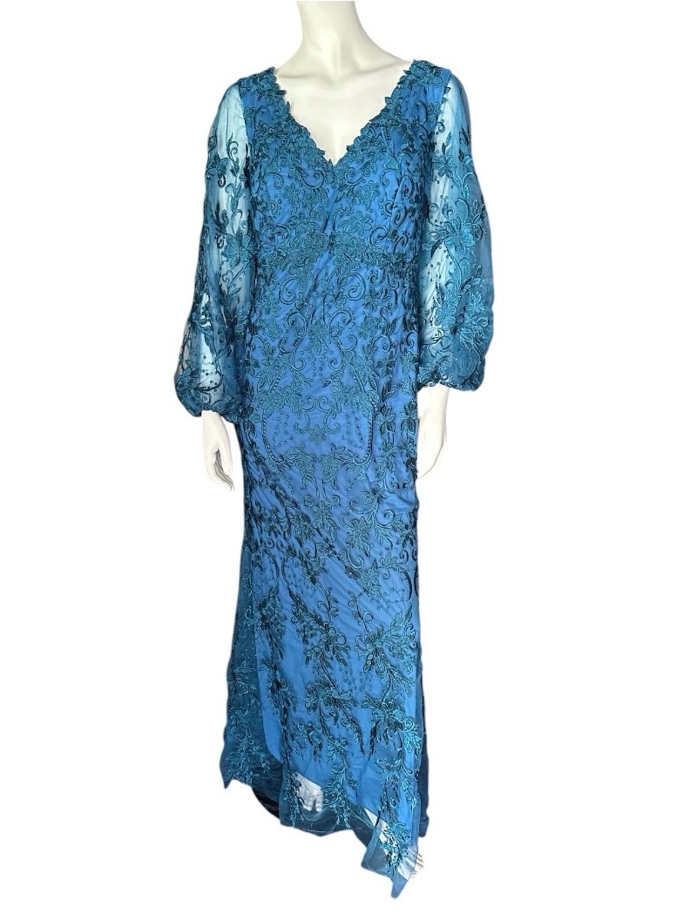 HY Double V-Neck Lace Overlay Formal Sheer Long Sleeve Dress Teal Size 16W NWT